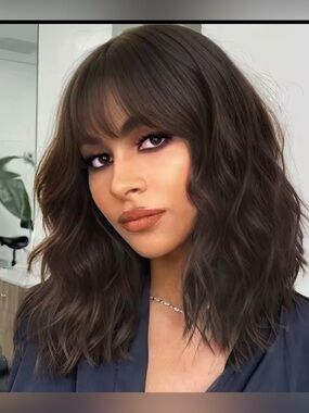 HAIR Natural Brown Synthetic Curly Wavy Bob Wig with Bangs for Women